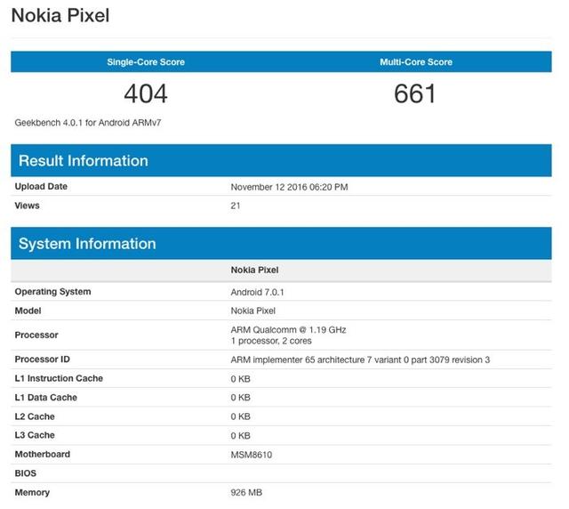 诺基亚Android智能机现身跑分网站 内存仅1GB